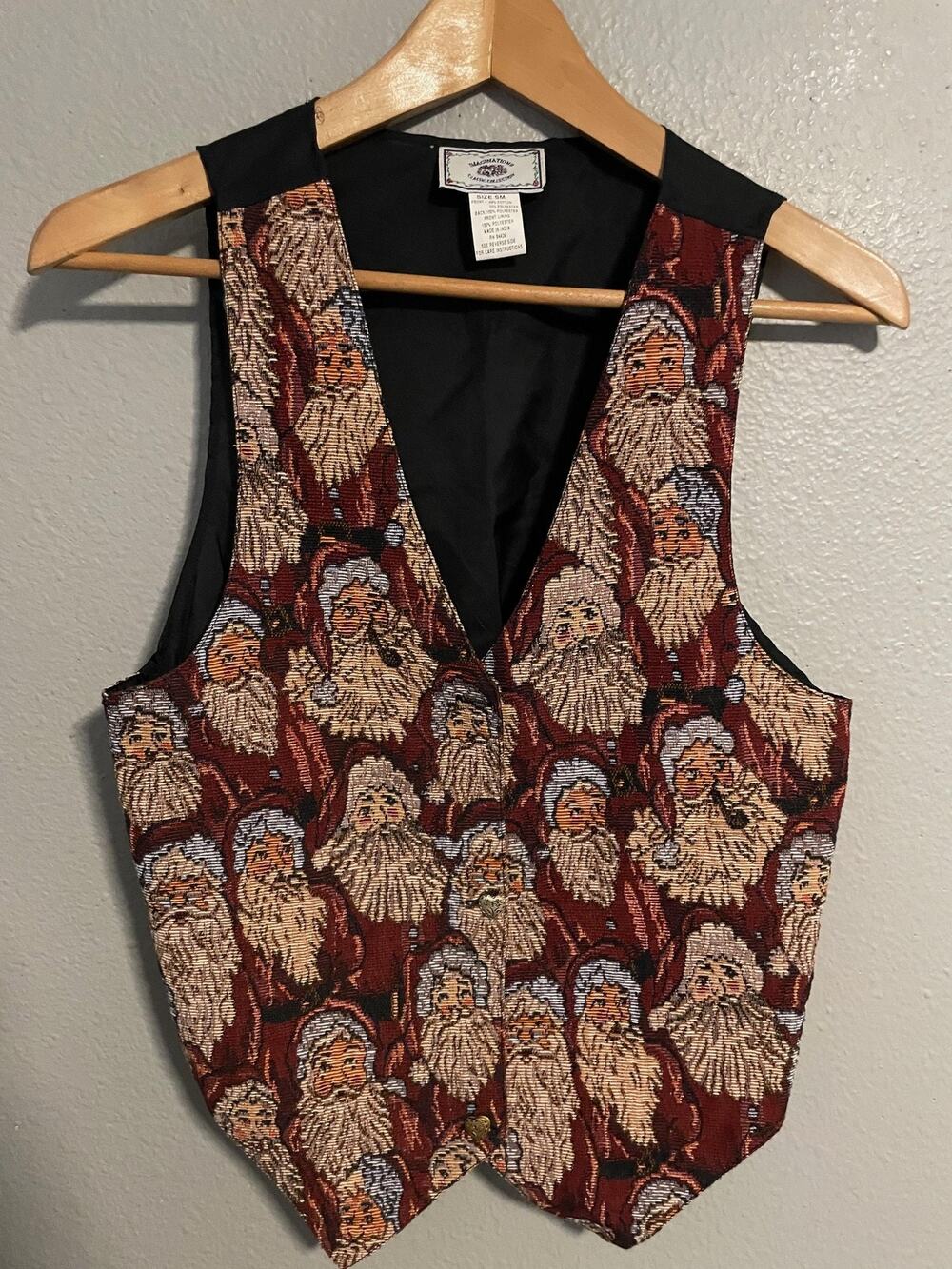 Vintage Imaginations Vest Women Small Red Santa Claus Tapestry Christmas READ